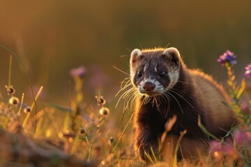 Fototapeta premium A striking European polecat prowling through a meadow at dusk