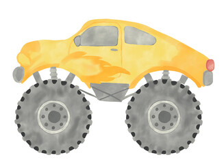 Hand-drawn watercolor illustration of a yellow monster truck isolated on a white background. © beyouenked