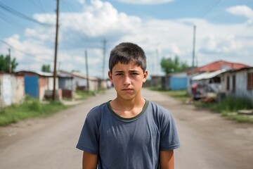 Fototapeta premium A boy is standing on a street in front of a house