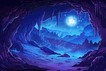 Mystical Glowing Cave Entrance Under Moonlight