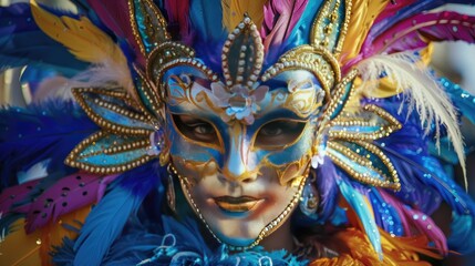Naklejka premium A beautifully decorated Brazilian Carnival mask with feathers and sequins.