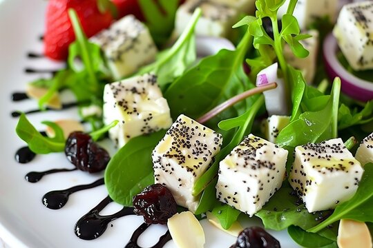Macro close up of spinash and feta cheese fresh salad