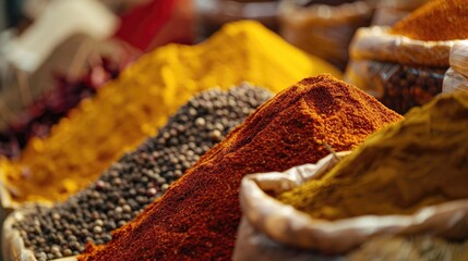 A close-up of colorful spices in a market, showcasing a rich variety of textures and hues.