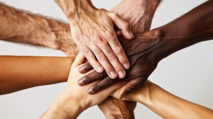 Fototapeta premium A close-up of hands of different genders and ethnicities joining together in solidarity.