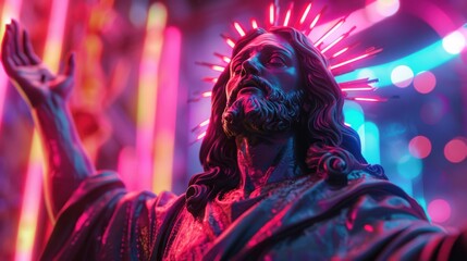 Neon-Lit 3D Pop Art Jesus in Octane with Abstract Backdrop | Striking Realistic Rendering