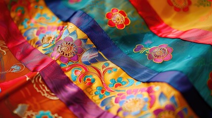 A close-up of traditional Korean hanbok fabric with vibrant colors and intricate patterns.