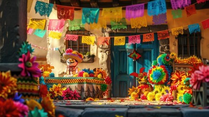 Naklejka premium A colorful Mexican fiesta scene with traditional decorations .