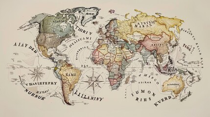 A detailed map of the world with country names written in their native languages.