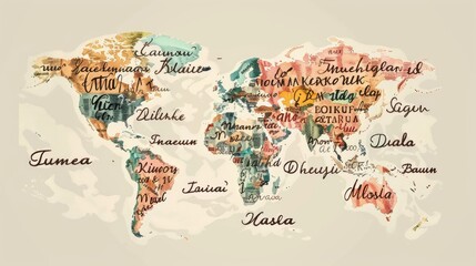 Fototapeta premium A detailed map of the world with country names written in their native languages.