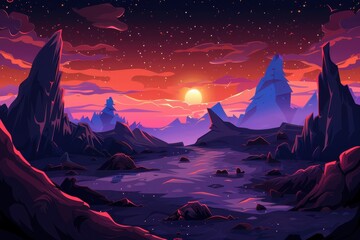 Mystical landscape with vibrant sunset and starry night sky