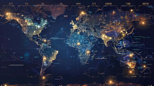 A digital world map with time zone clocks overlayed on major cities, showing real-time global connectivity.