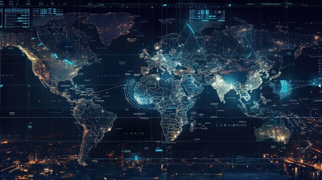 A digital world map with time zone clocks overlayed on major cities, showing real-time global connectivity.