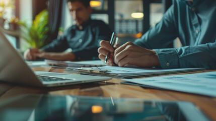 Corporate partners working together on project documents and discussing feedback in a sleek, modern workspace, highlighting teamwork and collaborative effort
