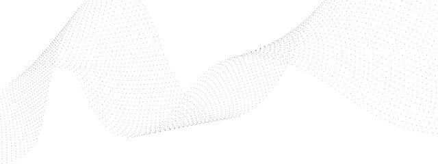 Abstract flowing dots particles wave curved lines on transparent background. Black halftone gradient smooth curve line shape background. Design for frequency sound, technology, science, banner. Vector