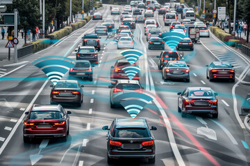 busy multilane road filled with automated cars communicating through visible WiFi signals, exemplifying the future of connected transportation and smart technology.
