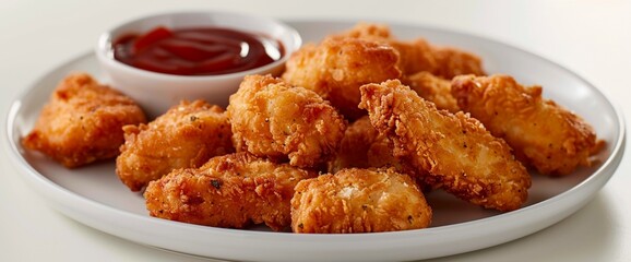 A delicious serving of crispy chicken nuggets with dipping sauces, arranged neatly on a white plate with ample white space.