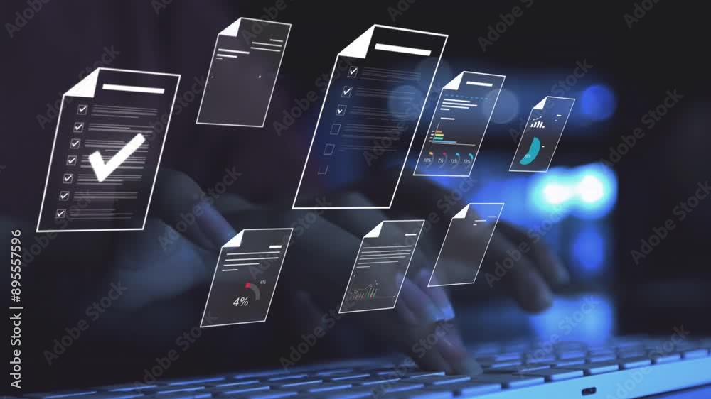 Wall mural document management concept, businesswomen check electronic documents on digital documents on virtua