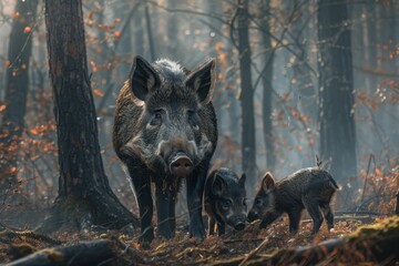 A stunning image of a European wild boar with its piglets, rooting around in a forest.