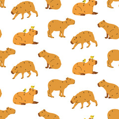 Fototapeta premium Seamless pattern with cute cartoon capybara illustration. South America fauna.