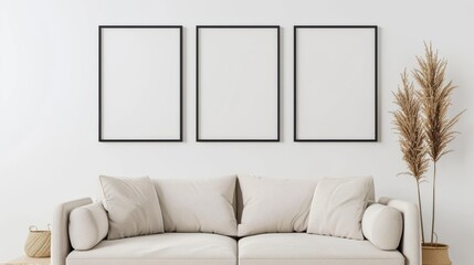 A stylish living room featuring clean lines, neutral tones, and blank posters ready for personalization, banner, with copy space