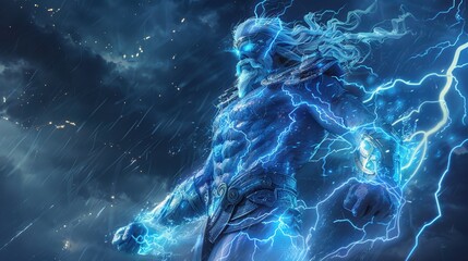 Electric Olympus: Futuristic 3D Art of Zeus with Neon Lightning Bolts and Metallic Armor