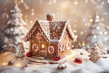 Enchanting Gingerbread House Amidst Sparkling Festive Decorations