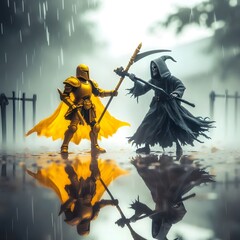 Epic Duel Between Grim Reaper and Yellow-Knight in a Stormy Rain