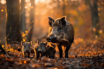 A stunning image of a European wild boar with its piglets, rooting around in a forest.