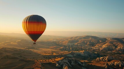 Obraz premium A multicolored hot air balloon floating above a picturesque landscape, with a clear sky backdrop.