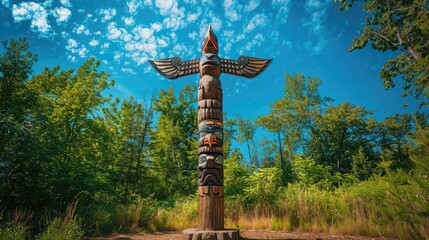 Obraz premium A mystical Native American totem pole standing tall in a forest clearing, under a bright blue sky.