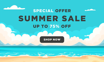 Summer sale banner. Special offer. A beach landscape against a background of clouds.