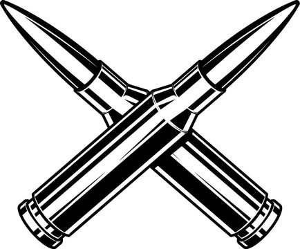 Crossed bullets cartridges from assault rifle. Design element for poster, card, banner, sign, logo, label, emblem. Vector illustration