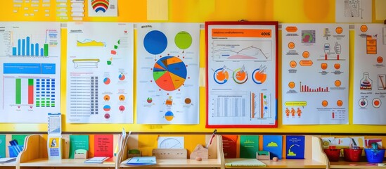 A vibrant display of educational charts and posters on a classroom wall celebrating the diverse subjects and knowledge shared by teachers