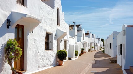 A row of white-washed buildings in a Mediterranean village, their clean facades reflecting the bright sunlight.