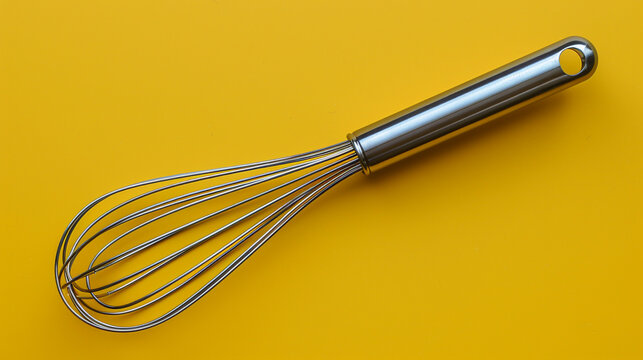 A stainless steel whisk with a polished handle isolated on a soft yellow background with ample copy space.