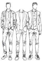 Modern High Fashion Sketches on White Paper Showcasing Male Stylish and Contemporary Designer Clothing
