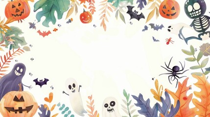 Obraz premium A charming Halloween watercolor frame designed for kids, featuring a playful border with cute Halloween icons such as smiling skeletons, friendly ghosts, and cheerful spiders. The watercolor style