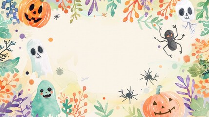 Fototapeta premium A charming Halloween watercolor frame designed for kids, featuring a playful border with cute Halloween icons such as smiling skeletons, friendly ghosts, and cheerful spiders. The watercolor style