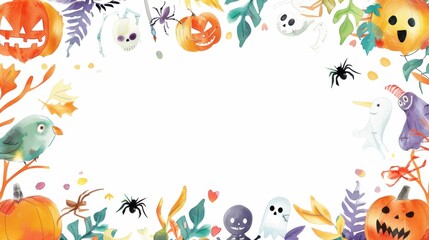A charming Halloween watercolor frame designed for kids, featuring a playful border with cute Halloween icons such as smiling skeletons, friendly ghosts, and cheerful spiders. The watercolor style