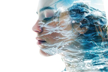 Serene Woman Submerged in Clear Water with Splashes