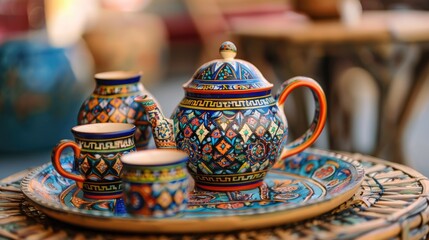 A traditional Moroccan tea set with intricate patterns and vibrant colors.