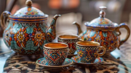 A traditional Moroccan tea set with intricate patterns and vibrant colors.