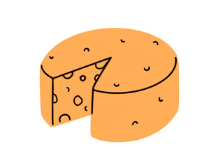 Cheese, round wheel, circle head with cut piece. Yellow Swiis porous chees with holes. Gourmet dairy product, Holland delicatessen icon. Flat vector illustration isolated on white background