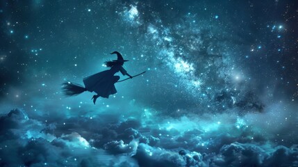 Silhouette of witch flying on broomstick through starry night sky. Mystical, magical atmosphere with twinkling stars and clouds.