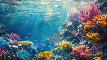 Naklejka premium A vibrant coral reef teeming with colorful marine life, set against the backdrop of clear blue water.