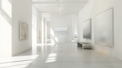 A white-walled art gallery with clean, sharp lines and minimalistic artwork, creating a serene and contemplative space.