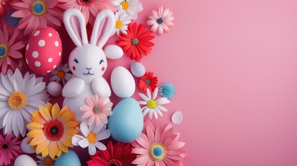 Easter Bunny with Colorful Eggs and Flowers