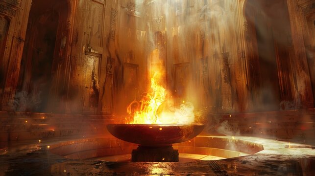 A Zoroastrian fire temple with a burning flame, symbolizing purity and spirituality.