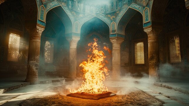 A Zoroastrian fire temple with a burning flame, symbolizing purity and spirituality.