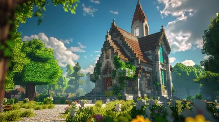 An ancient church with stunning stained glass windows and a towering steeple, nestled in a peaceful village.